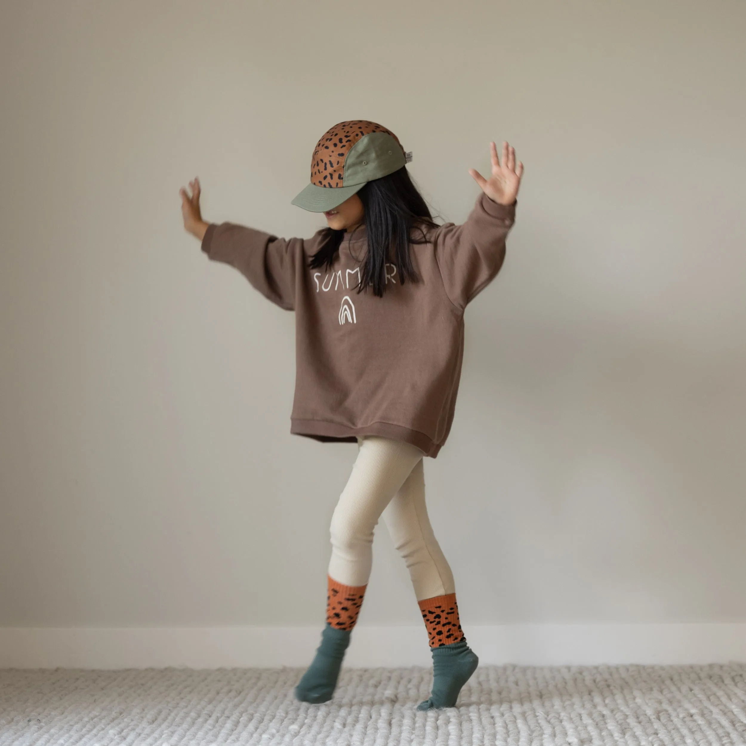 Cotton Five-Panel Hat in Green/Cheetah