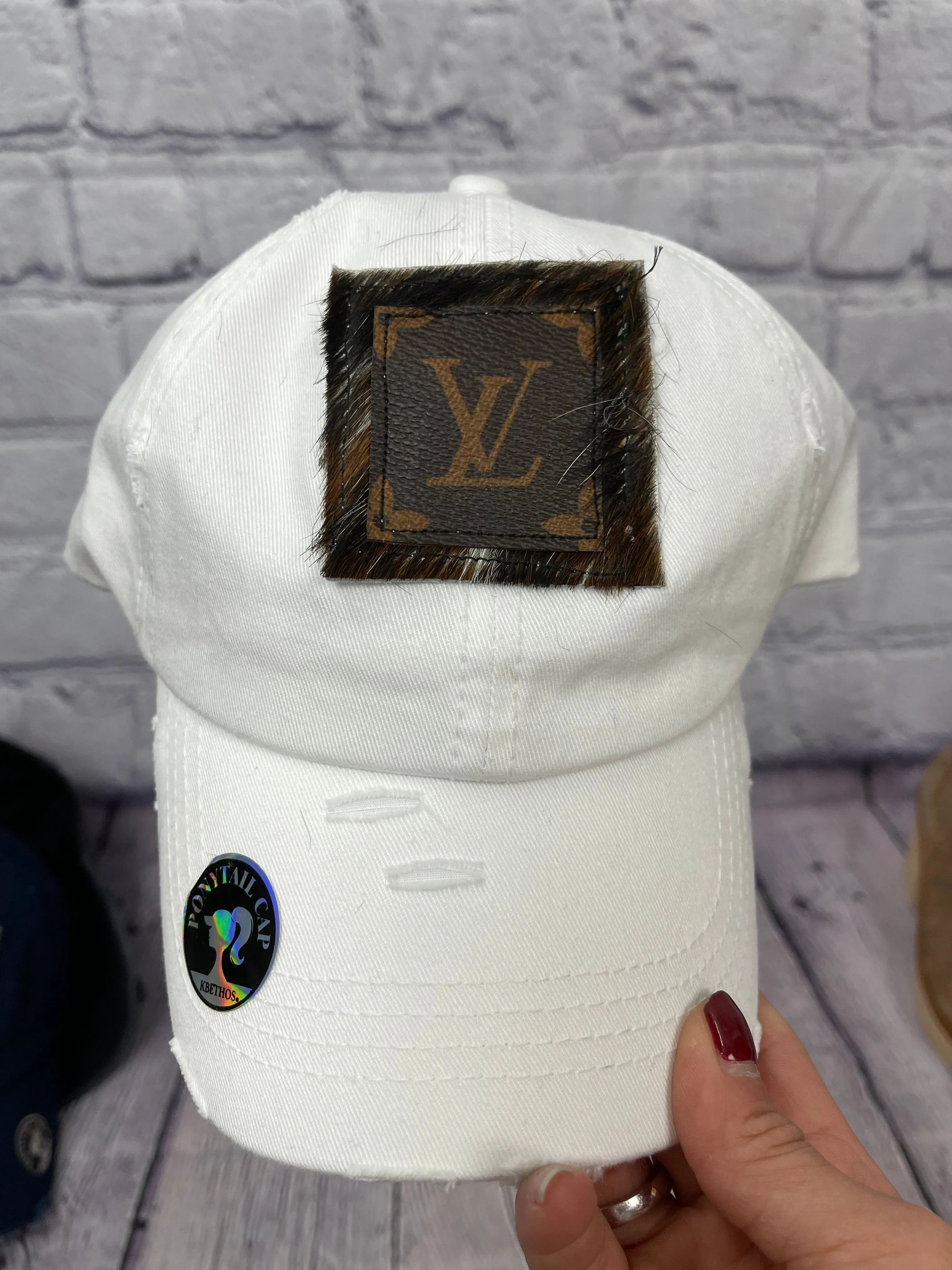 HC  Repurposed LV Brown Cowhide Messy-Bun Hat