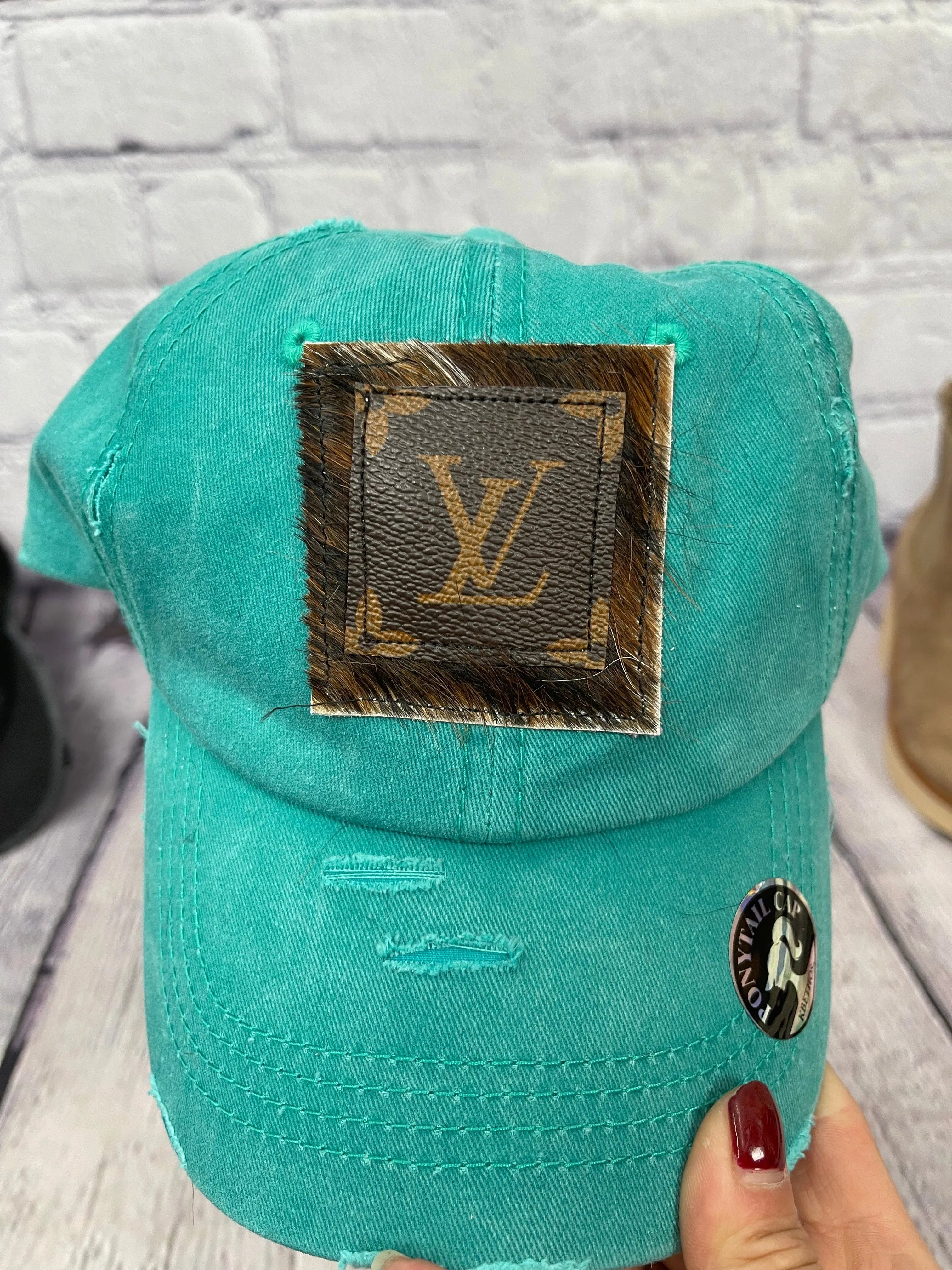 HC  Repurposed LV Brown Cowhide Messy-Bun Hat