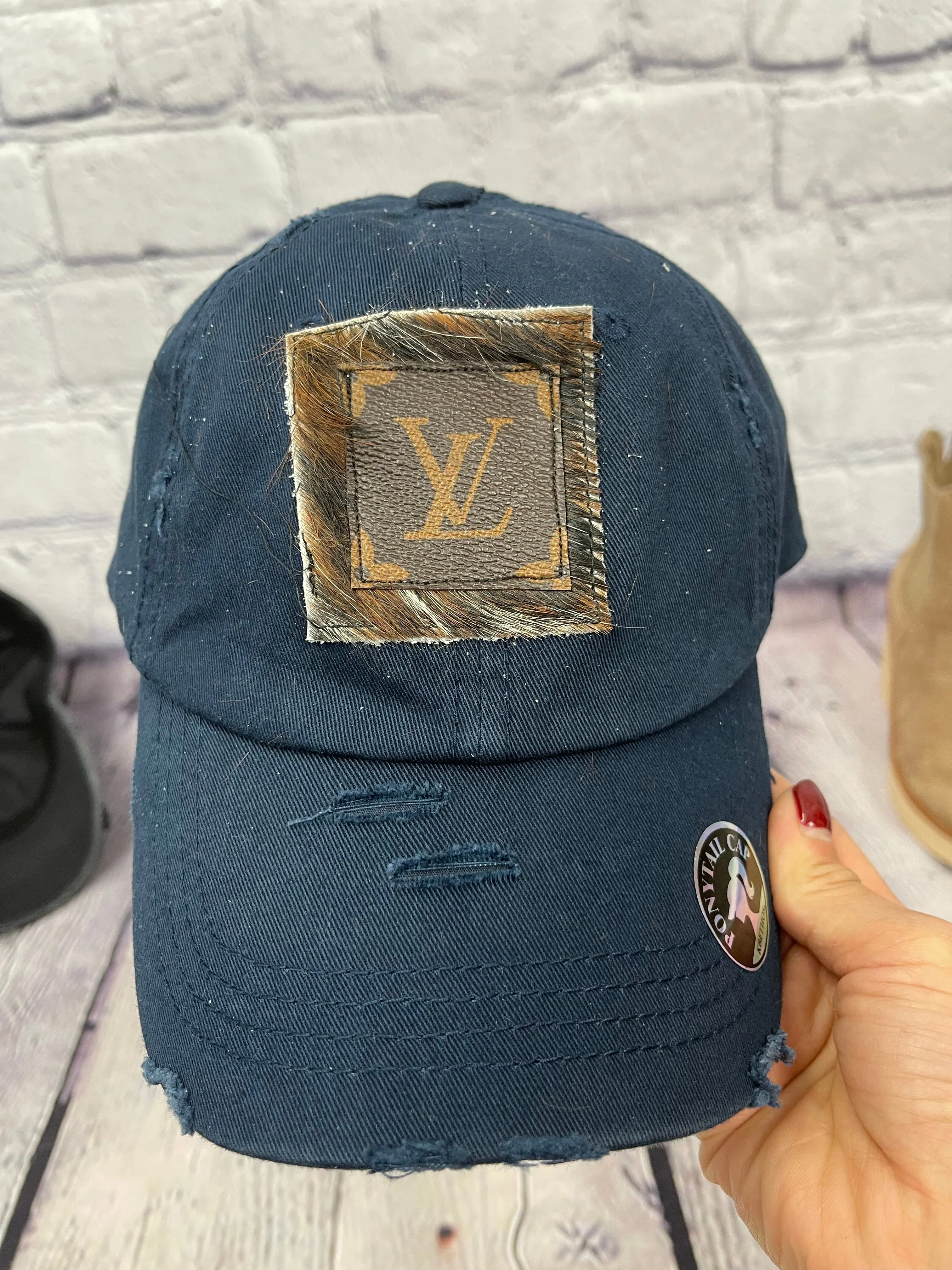 HC  Repurposed LV Brown Cowhide Messy-Bun Hat