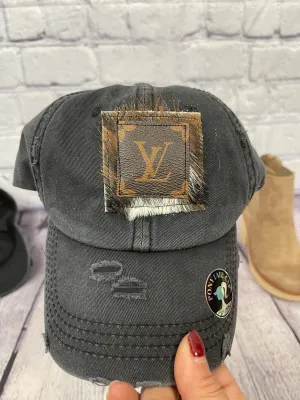 HC  Repurposed LV Brown Cowhide Messy-Bun Hat