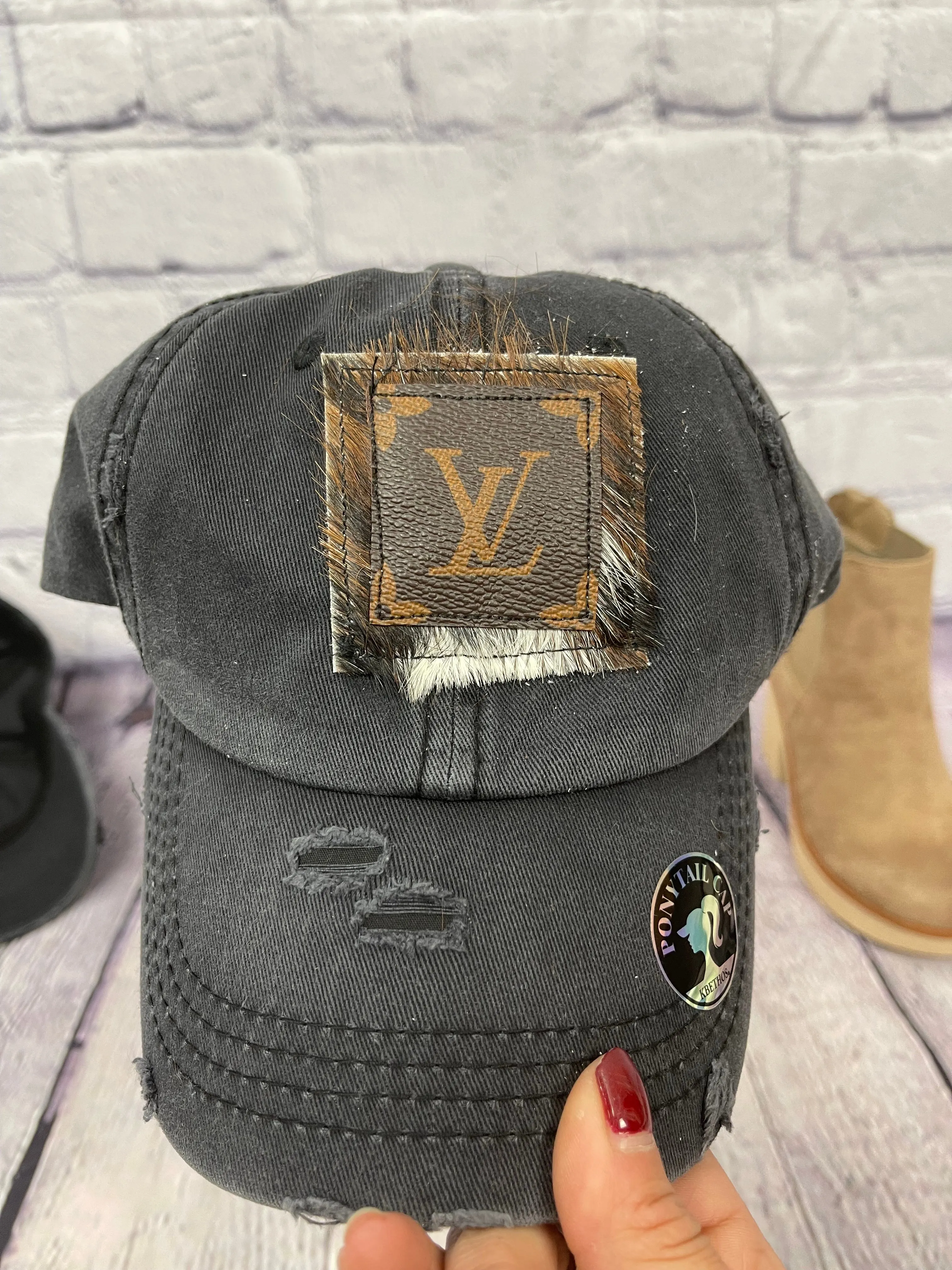 HC  Repurposed LV Brown Cowhide Messy-Bun Hat