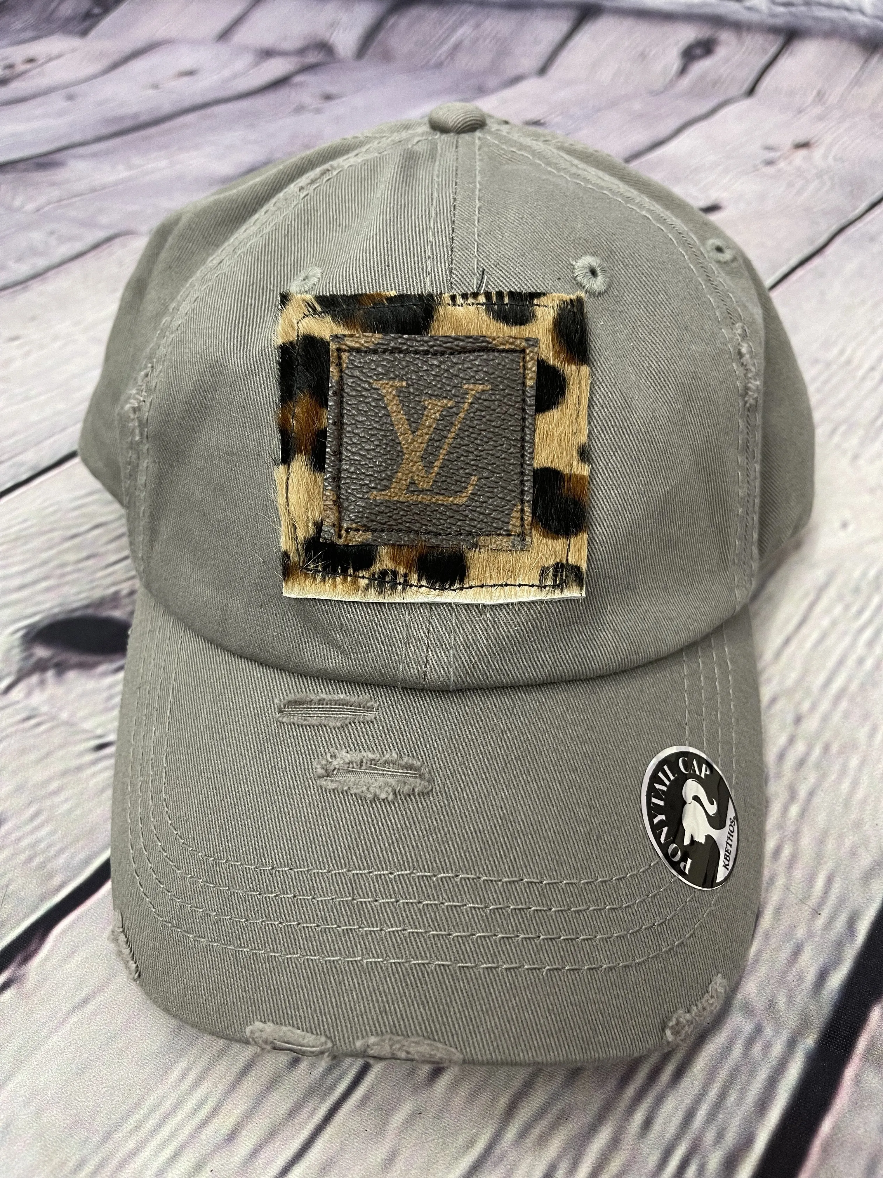 HC  Repurposed LV Leopard Cowhide Messy-Bun Hat