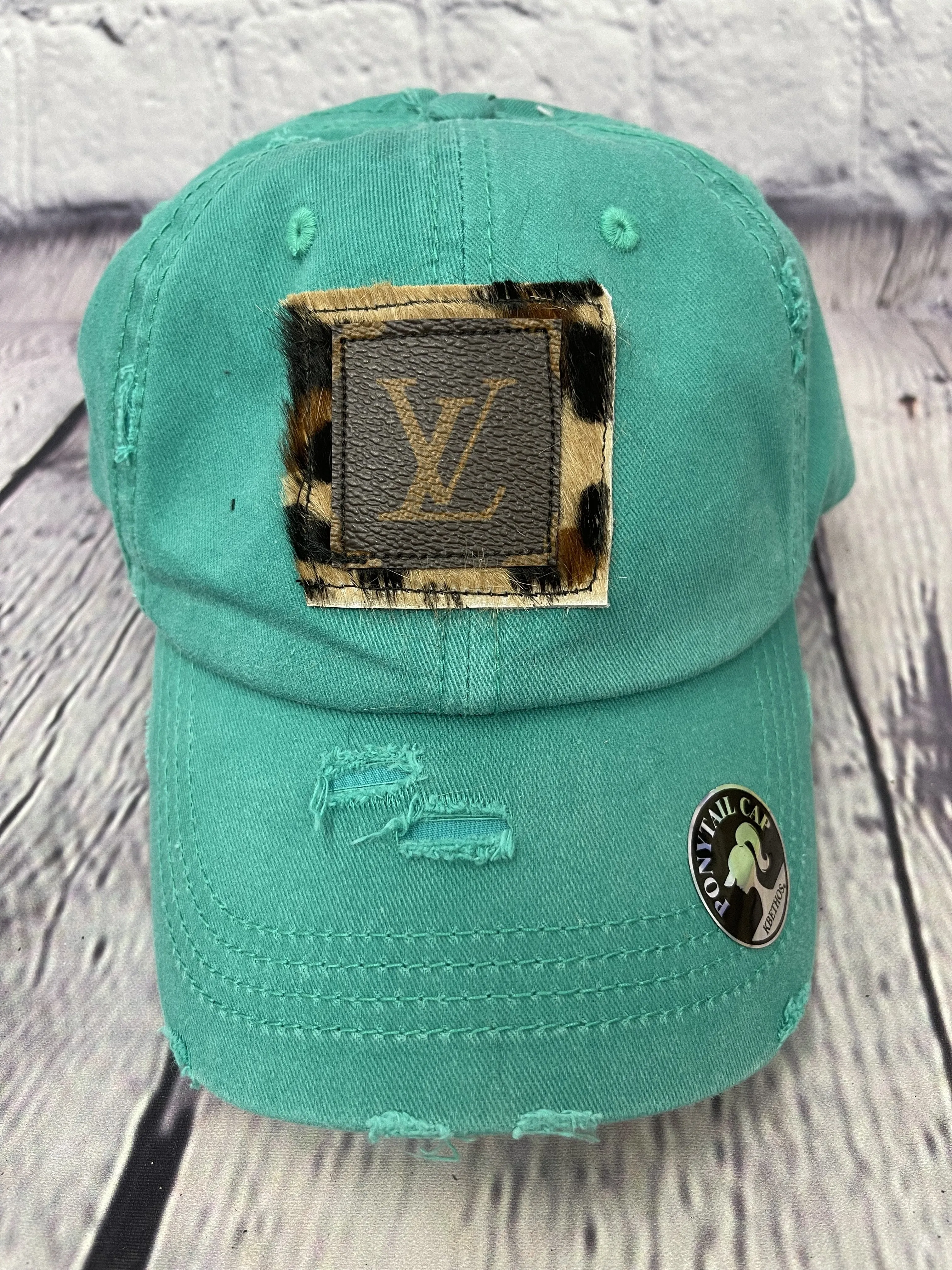 HC  Repurposed LV Leopard Cowhide Messy-Bun Hat