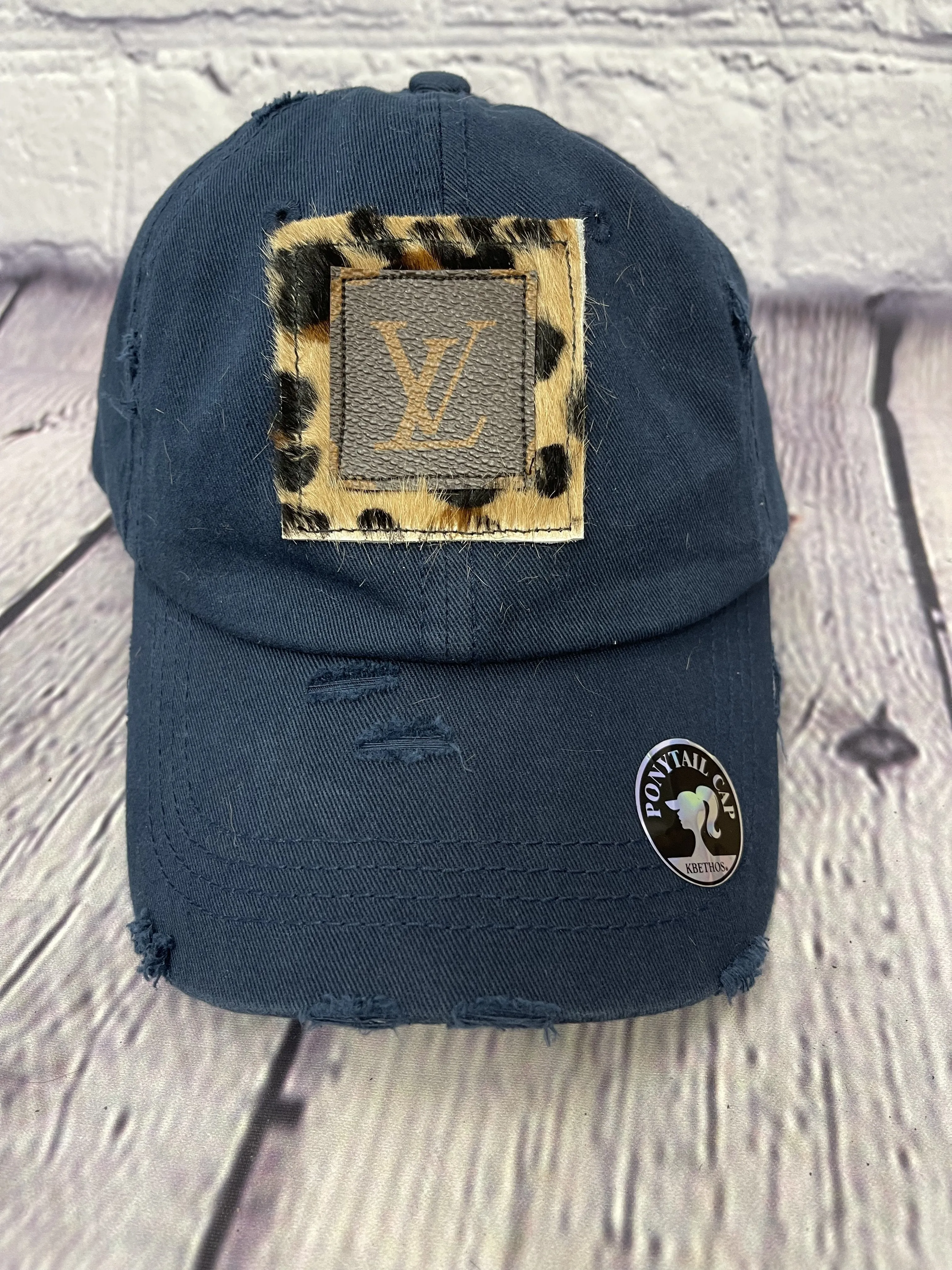 HC  Repurposed LV Leopard Cowhide Messy-Bun Hat