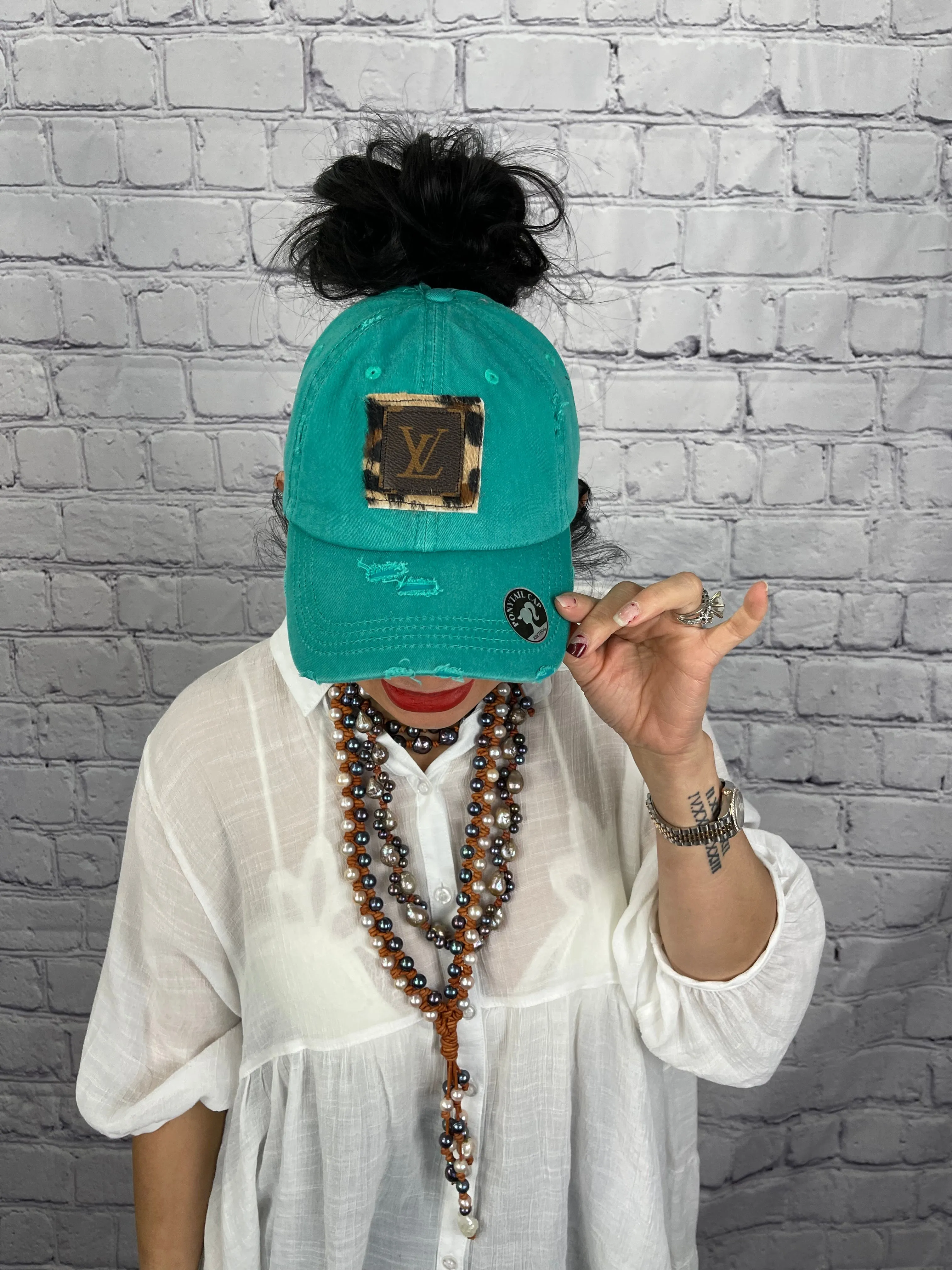 HC  Repurposed LV Leopard Cowhide Messy-Bun Hat